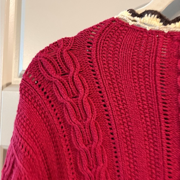 Anne Klein Cable Knit Cardigan Sweater Burgundy Cream Brown Tie Size Large - Picture 12 of 14